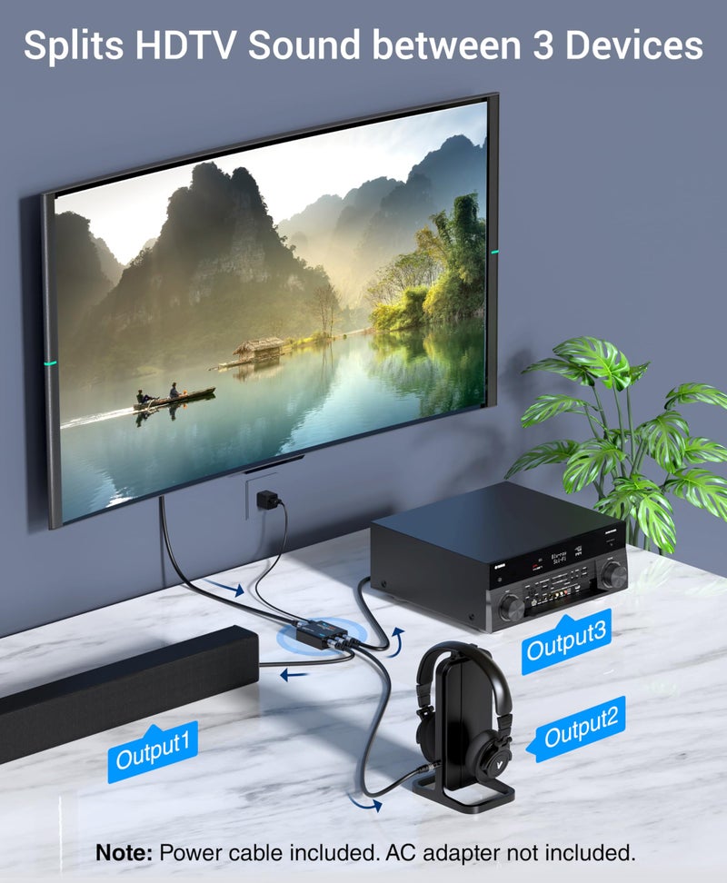 BlueRigger موزع الصوت الرقمي البصري BlueRigger (موزع Toslink نشط 1 في 3 مخرج، SPDIF، محول الألياف الضوئية) - متوافق مع المسرح المنزلي، Xbox، PS4، DVD، جهاز الاستقبال، التلفاز، LPCM2.0، DTS، دولبي ديجيتال - Image 2