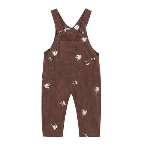 Korago Baby Girl Overalls Corduroy with Floral Embroidery,Beige Toddler Jumpsuit Romper,Soft Overall for Girls (6 Months-3T) (US, Age, 24 Months, Brown) - Image 1
