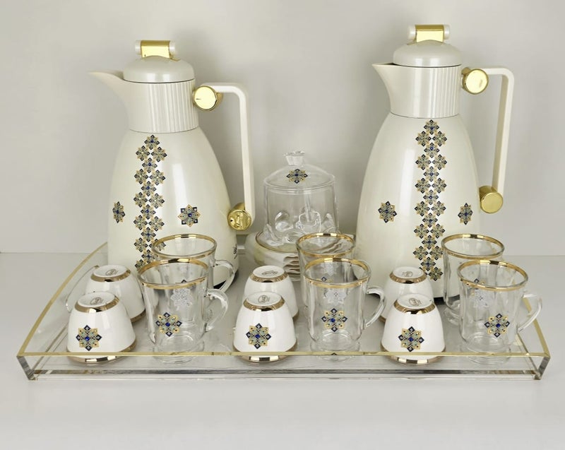 Damanhoor 22Pieces New Full Set Thermose 2Thermos 6Teacup With 6saucer 6Guava Cup 1Sugar Bowl 1Tray - Image 1