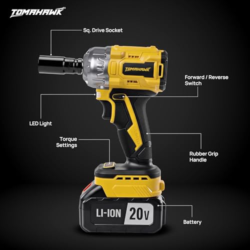 Tomahawk® 20V Brushless Cordless Impact Wrench Kit, 400Nm High Torque, 1/2 Inch Square Drive, 2x 3.0Ah Batteries, LED Light, Reverse Self Stop, Sockets, & Carry Case - Image 4