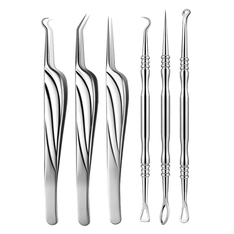 FVION Blackhead and Acne Extractor Kit, Professional Pimple Popper Tool Kit, Acne Tweezers and Blackhead Remover Tools for Face, 6 PCS Surgical Extractor Pimple Popping Tools - Image 1