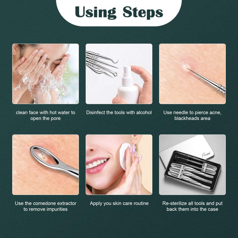 FVION Blackhead and Acne Extractor Kit, Professional Pimple Popper Tool Kit, Acne Tweezers and Blackhead Remover Tools for Face, 6 PCS Surgical Extractor Pimple Popping Tools - Image 5