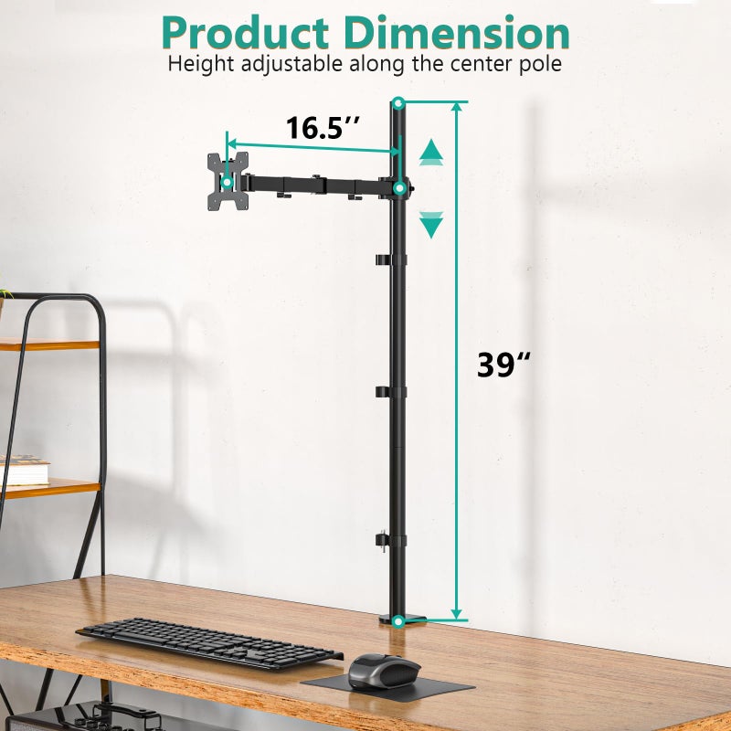 WALI Single Monitor Stand Desk Mount, 39 inch Tall Monitor Stand Fully Adjustable, Articulating Arm for Computer Screen up to 32 inch, 22lbs (M001XXL), Black - Image 4