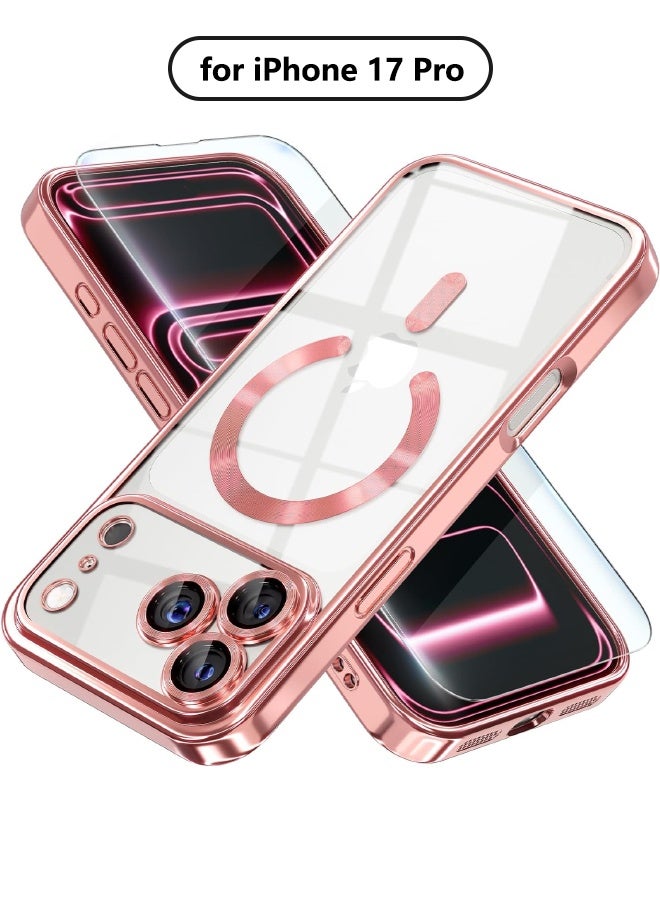 جراب مغناطيسي لهاتف iPhone 17 Pro مع واقي شاشة، متوافق مع MagSafe [لا يصفر أبدًا] [حماية من السقوط] واقي كامل لعدسة الكاميرا مع طلاء ناعم وشفاف، جراب هاتف للنساء، وردي - Image 1
