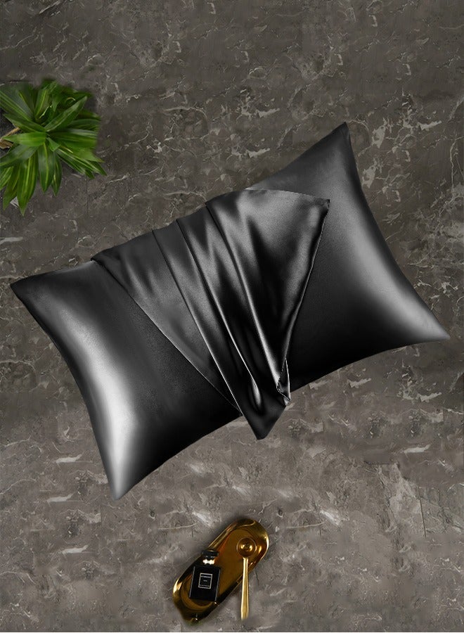 بيديليت غطاء وسادة من الحرير الساتان السادة بلون واحد بسيط مكون من قطعتين مع غلاف مغلف للشعر والبشرة أسود - Image 1