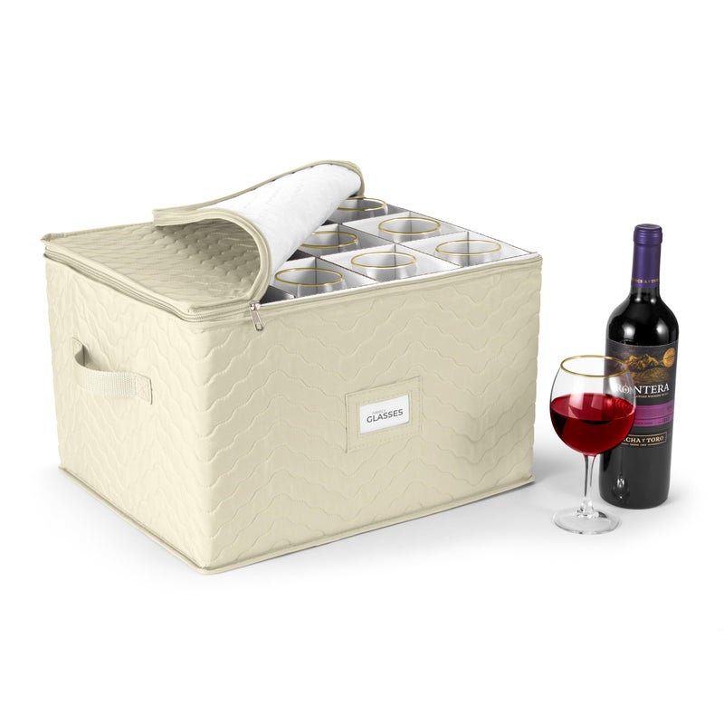 Sorbus Stemware Storage Chest - Deluxe Quilted Case with Dividers - Service for 12 - Great for Protecting or Transporting Wine Glasses, Champagne Flutes, Goblets, and more (Storage Glass - Beige) - Image 1