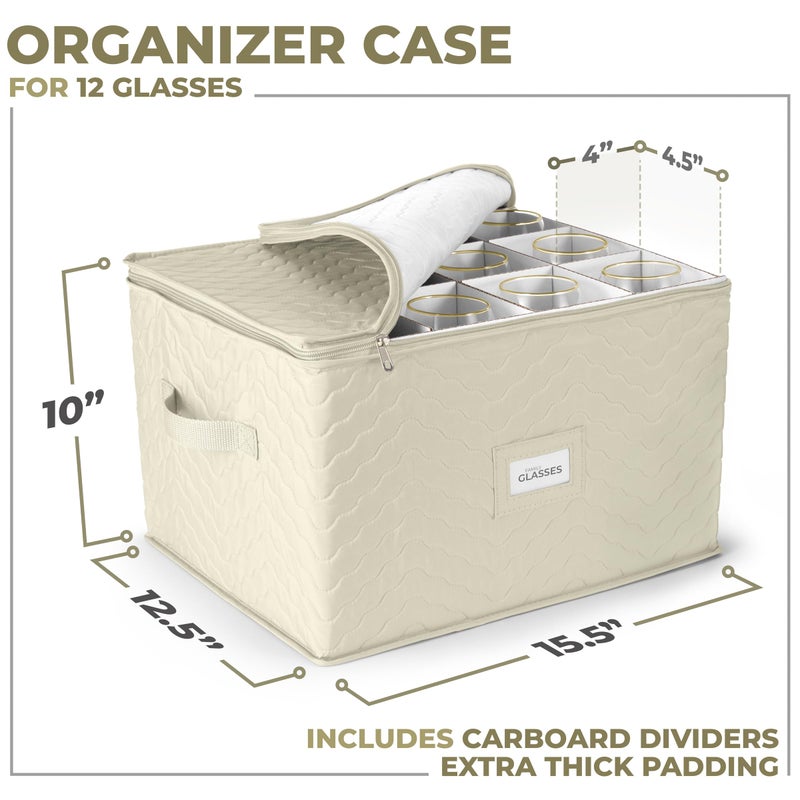 Sorbus Stemware Storage Chest - Deluxe Quilted Case with Dividers - Service for 12 - Great for Protecting or Transporting Wine Glasses, Champagne Flutes, Goblets, and more (Storage Glass - Beige) - Image 2