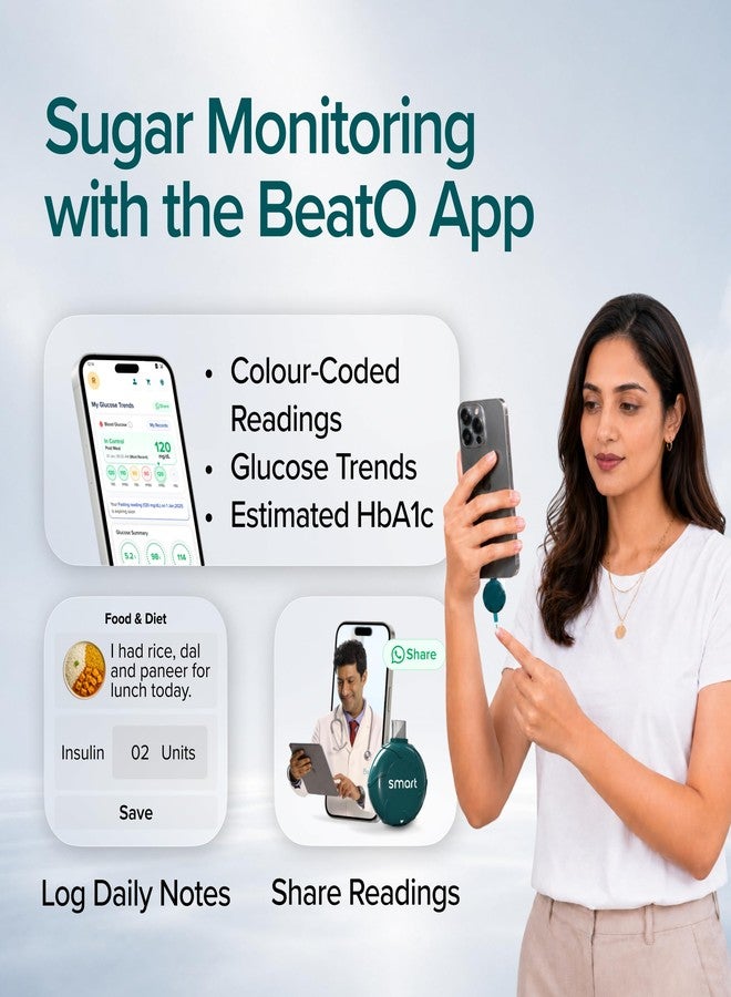 BeatO Smart AI-Powered Glucometer for iOS & Android | USB-C compatible with 100 Strips & 100 Lancets | CDSCO Approved Lab-Grade Accuracy | ISO Certified | Auto-Sync & Health Insight - Image 4