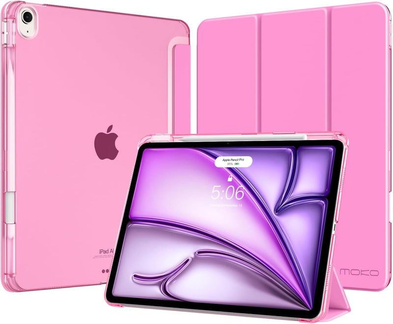MoKo for iPad Air 11 inch Case (M4/M3/M2) 2026/2025/2024, iPad Air 5th/4th Gen 10.9 inch Case 2022/2020 with Pencil Holder, Slim Trifold Cover with Hard PC Translucent Back Shell, Peony - Image 1