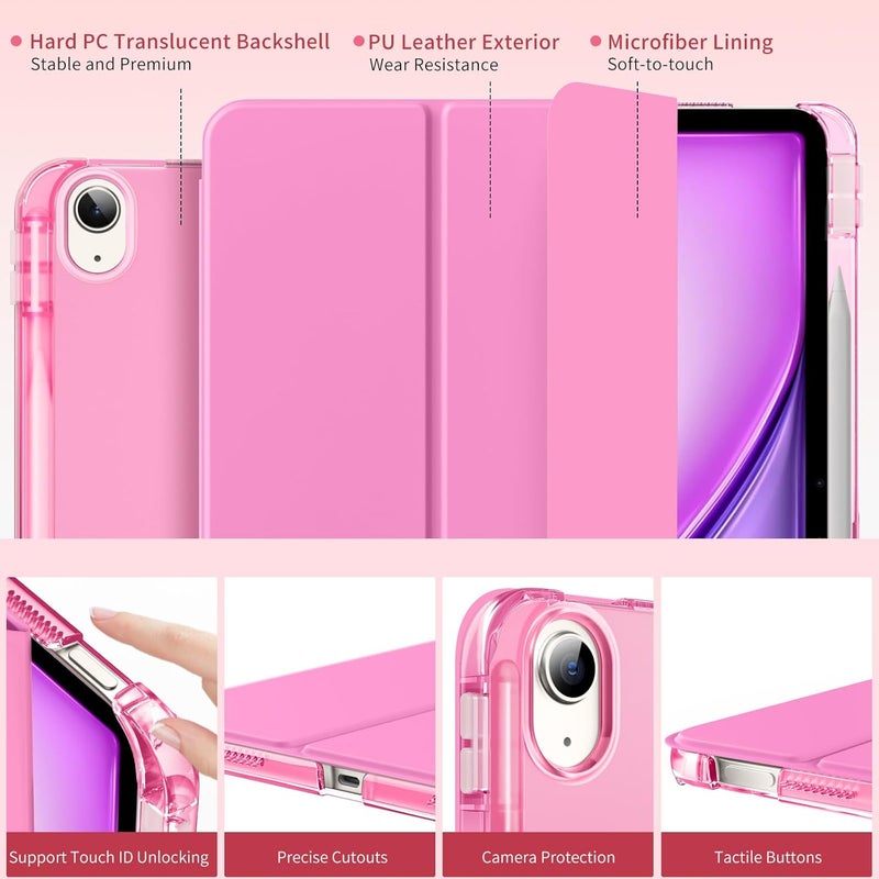 MoKo for iPad Air 11 inch Case (M4/M3/M2) 2026/2025/2024, iPad Air 5th/4th Gen 10.9 inch Case 2022/2020 with Pencil Holder, Slim Trifold Cover with Hard PC Translucent Back Shell, Peony - Image 3