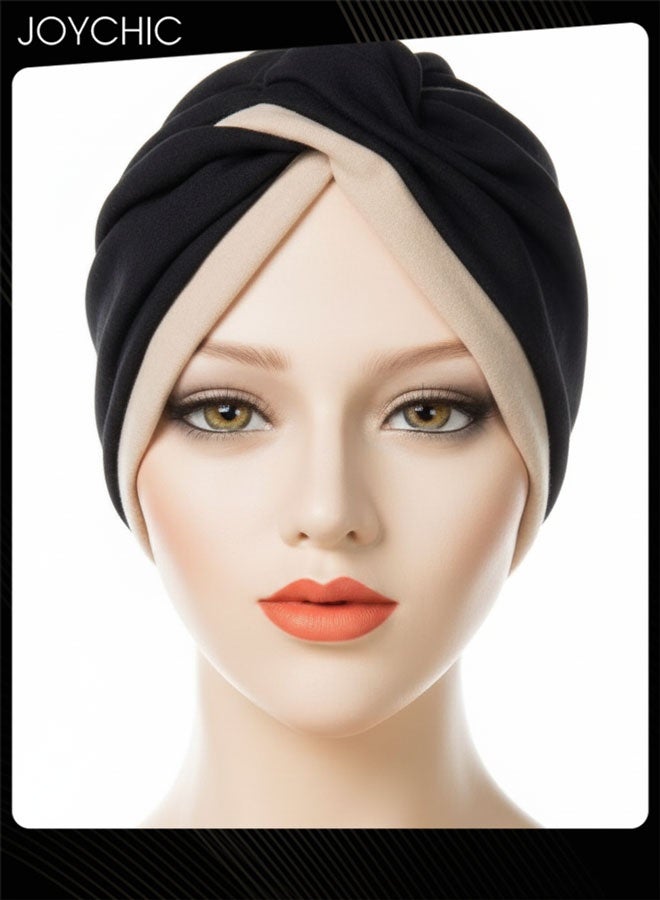 Joychic Muslim Hijab Instant Hijab for Women Two-color Stitching Forehead Cross Turban Islamic  Fashion Cotton Head Cover for Ladies and Girls Black+Beige - Image 2