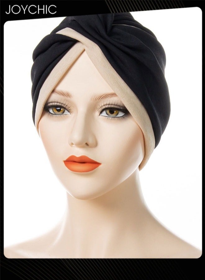 Joychic Muslim Hijab Instant Hijab for Women Two-color Stitching Forehead Cross Turban Islamic  Fashion Cotton Head Cover for Ladies and Girls Black+Beige  - Image 1