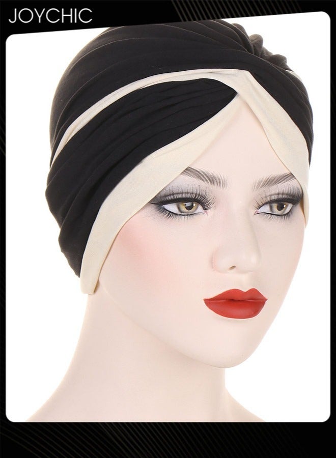 Joychic Muslim Hijab Instant Hijab for Women Two-color Stitching Forehead Cross Turban Islamic  Fashion Cotton Head Cover for Ladies and Girls Black+Beige  - Image 2