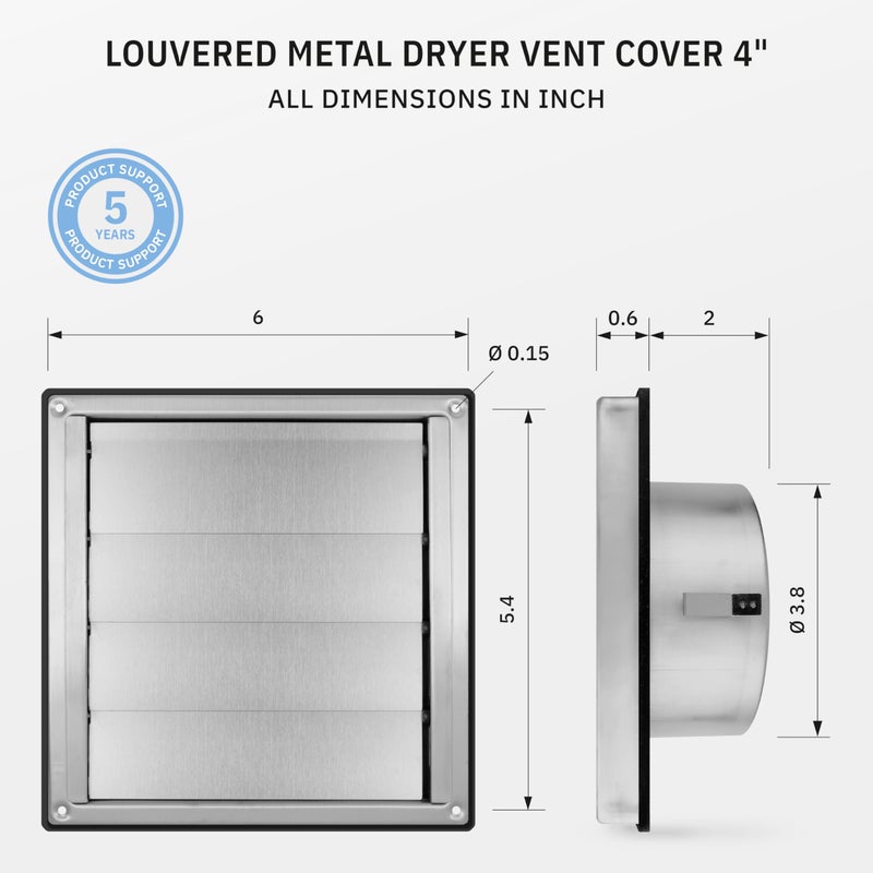 calimaeroÂ® VKE 4" Inch Dryer Vent Cover â€“ Outdoor Stainless Steel Grille with Moving Flaps â€“ Fits Only with Metal Ducts for HVAC & Dryer Systems - Image 2