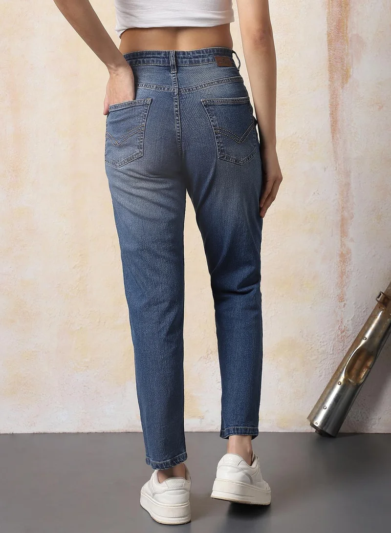 HIGH STAR Women Mom Slim Fit High-Rise Light Fade Cotton Jeans