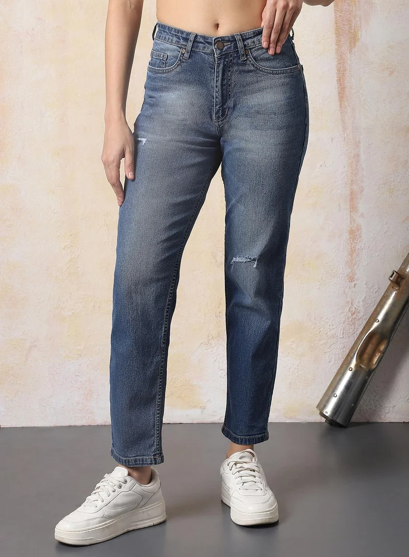 HIGH STAR Women Mom Slim Fit High-Rise Light Fade Cotton Jeans
