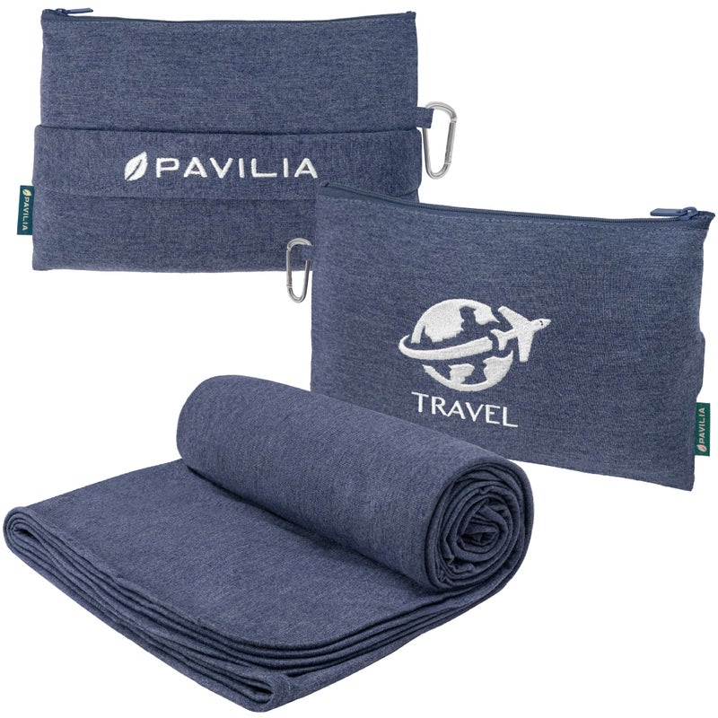 PAVILIA PAVILIA Travel Blanket Compact Airplane Packable Bag Soft Fleece Portable Throw Pillow Combo Set Plane Flight Car Trips Essentials Gift Accessories Luggage Backpack Clip Navy Blue 65 x 40 inch 