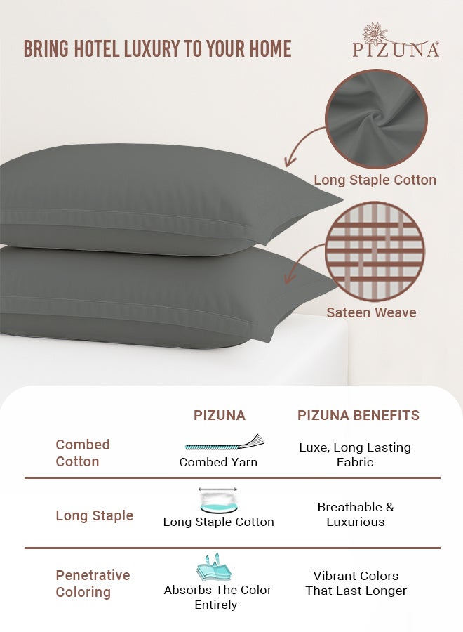 PIZUNA Pure 100% Cotton King Size Pillow Case 50x90 cm Dark Grey, 400 Thread Count Soft Luxurious Long Staple Cotton Sateen Weave Pillow Cover With 5 cm Hem (Cooling Pillowcase - 2 PC) - Image 2