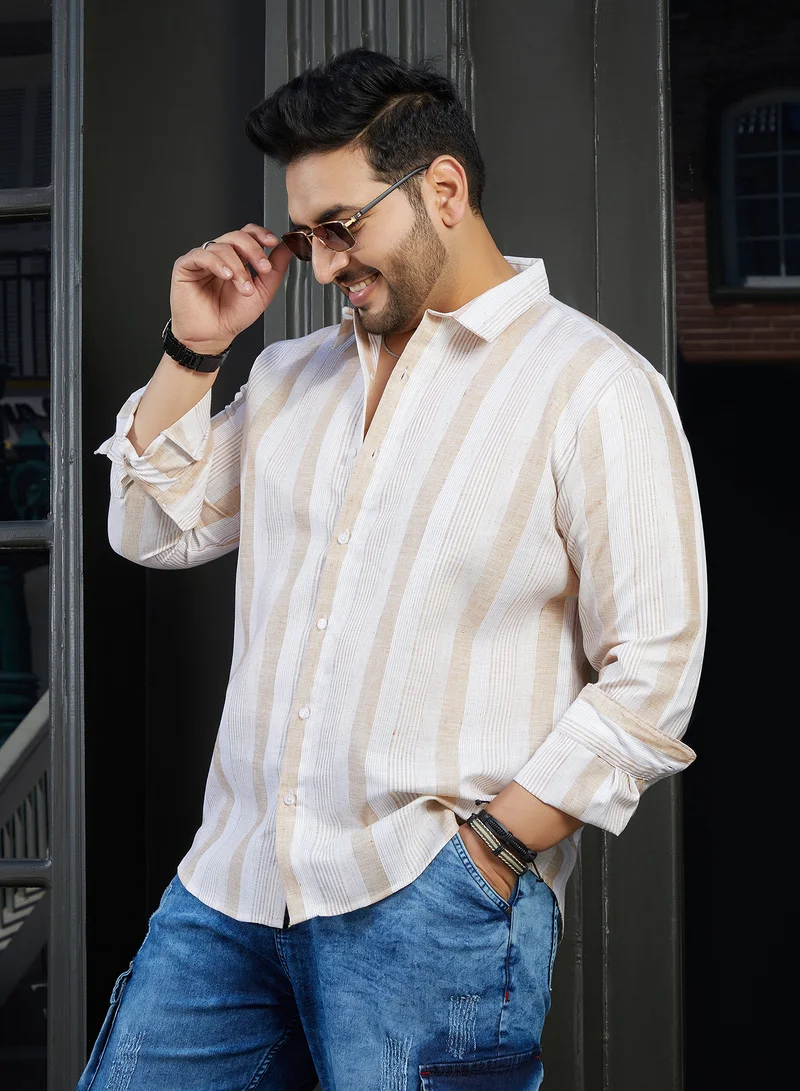 انستافاب بلس Instafab Plus Men's Tan Beige Pincandy-Striped Regular Shirt For Casual Wear | Spread Collar | Long Cuffed Sleeves | Button Closure | Plus Size Shirt Crafted With Comfort Fit For Everyday Wear