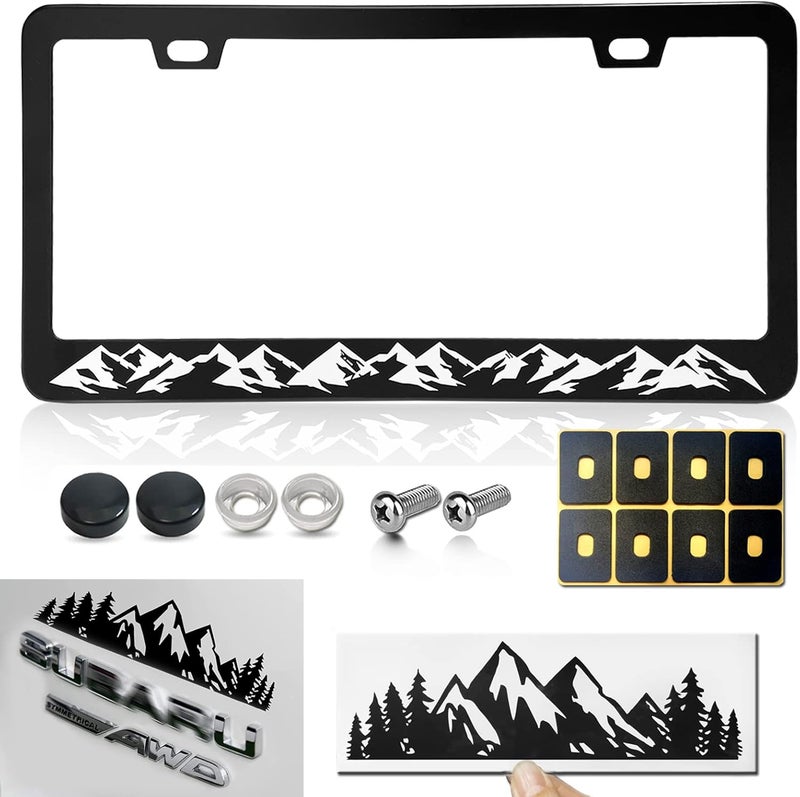 BGGTMO Mountains License Plate Frame- Black Aluminum Car Tag Cover Holder with Stainless Steel Screws Caps, Snow Mountain Tree Decal Sticker, 1 Pack 2 Hole - Image 1