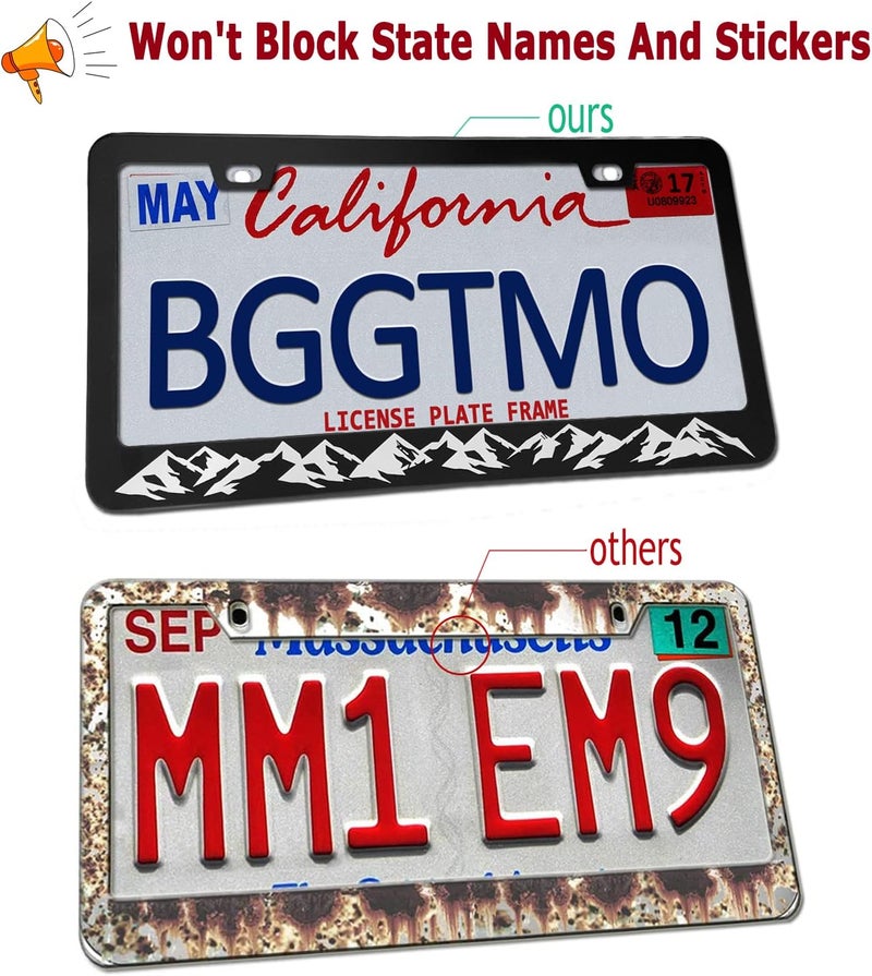 BGGTMO Mountains License Plate Frame- Black Aluminum Car Tag Cover Holder with Stainless Steel Screws Caps, Snow Mountain Tree Decal Sticker, 1 Pack 2 Hole - Image 3