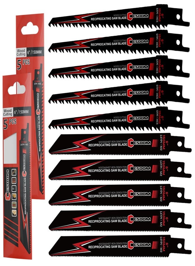 CSOOM 10-Piece 6-Inch Reciprocating Saw Blades Set (5 TPI and 14 TPI) for Fast Wood & Metal Cutting - Image 1