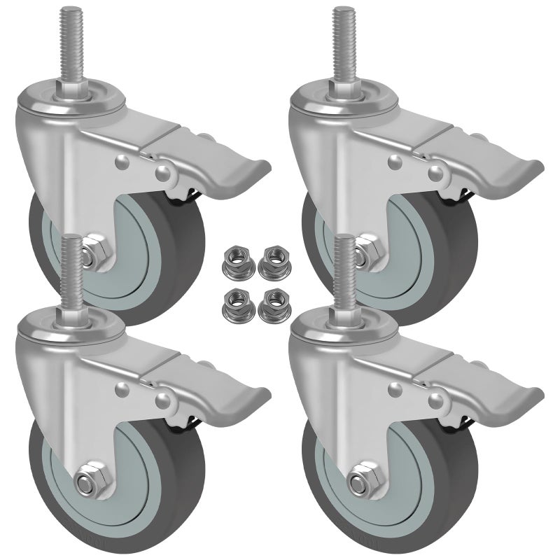 AAGUT 5 Inch Locking Swivel Casters 1/2"-13 x 1.5 Threaded Stem Wheels with Brake Grey TPR Rubber Wheel Set of 4