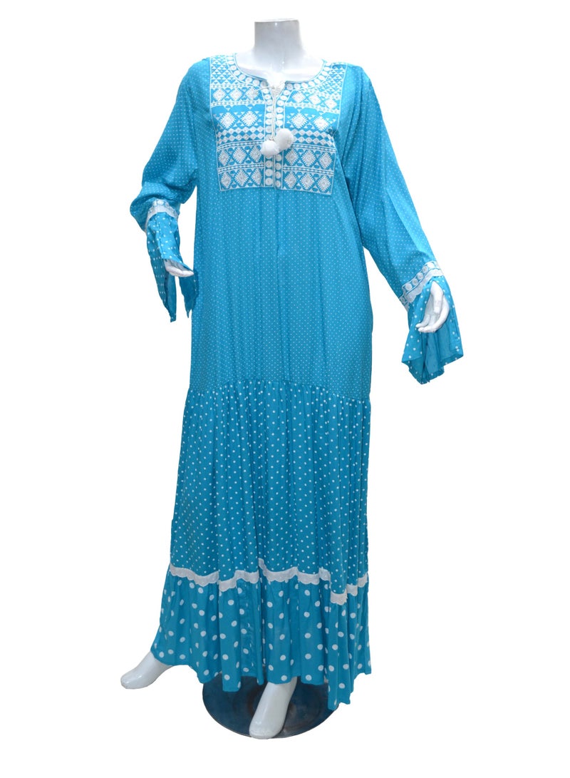 زينة فستان ماكسي نسائي مطبوع بأسلوب بوهيمي - قماش فيسكوز وريون ناعم - تطريز أنيق عند الصدر وجلابية بأكمام طويلة