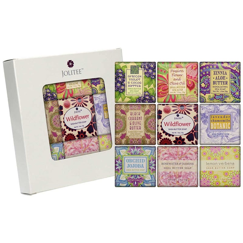 Jolitee French Milled Botanical Soap Sampler Set of 9  Individually Wrapped VegetableBased Mini Soaps with Essential Oils Shea Butter and Natural Extracts Floral Favorites