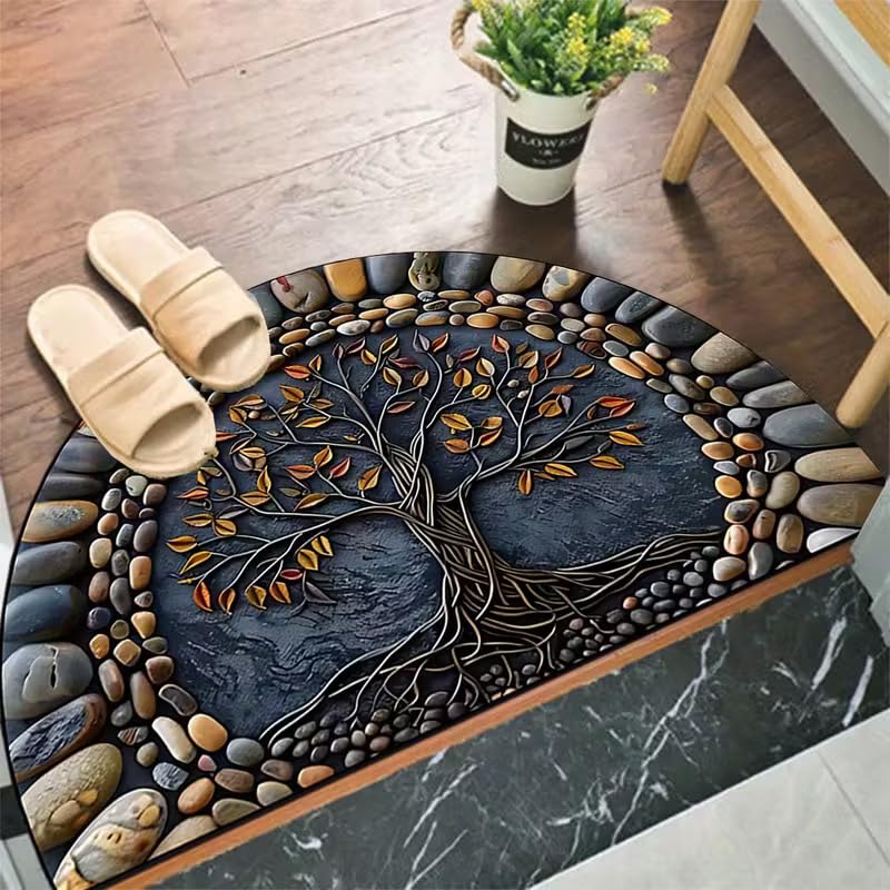 Svaxen Half Round Door Mat | Semi Circle Rubber Entreance Rug with 3D Tree of Life & Stone Pattern | Absorbent Entryway Doormat for Home, Kitchen, Bathroom & Bedroom | Easy to Clean Home Decor Carpet - Image 4