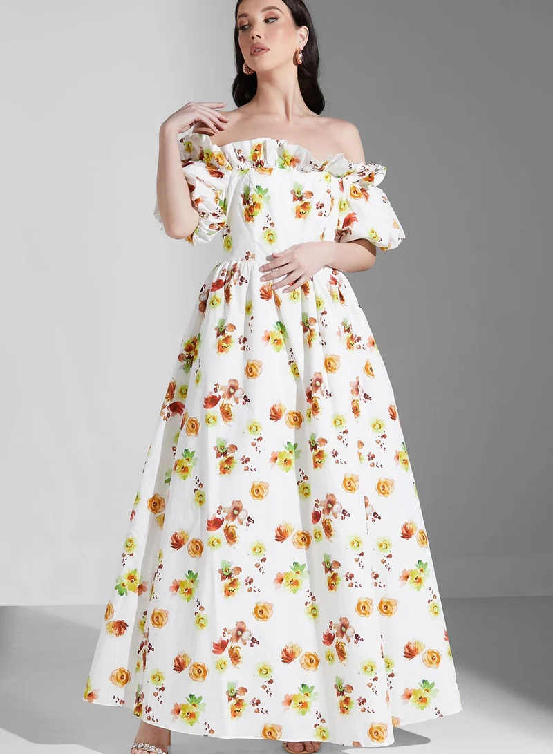 True Decadence Bardot Puff Sleeve Floral Printed Dress