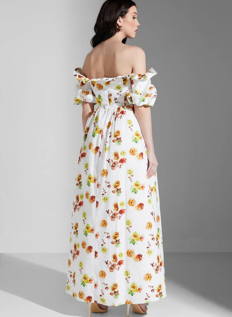True Decadence Bardot Puff Sleeve Floral Printed Dress