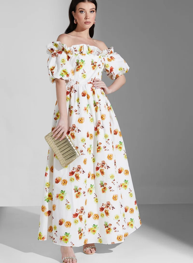 True Decadence Bardot Puff Sleeve Floral Printed Dress