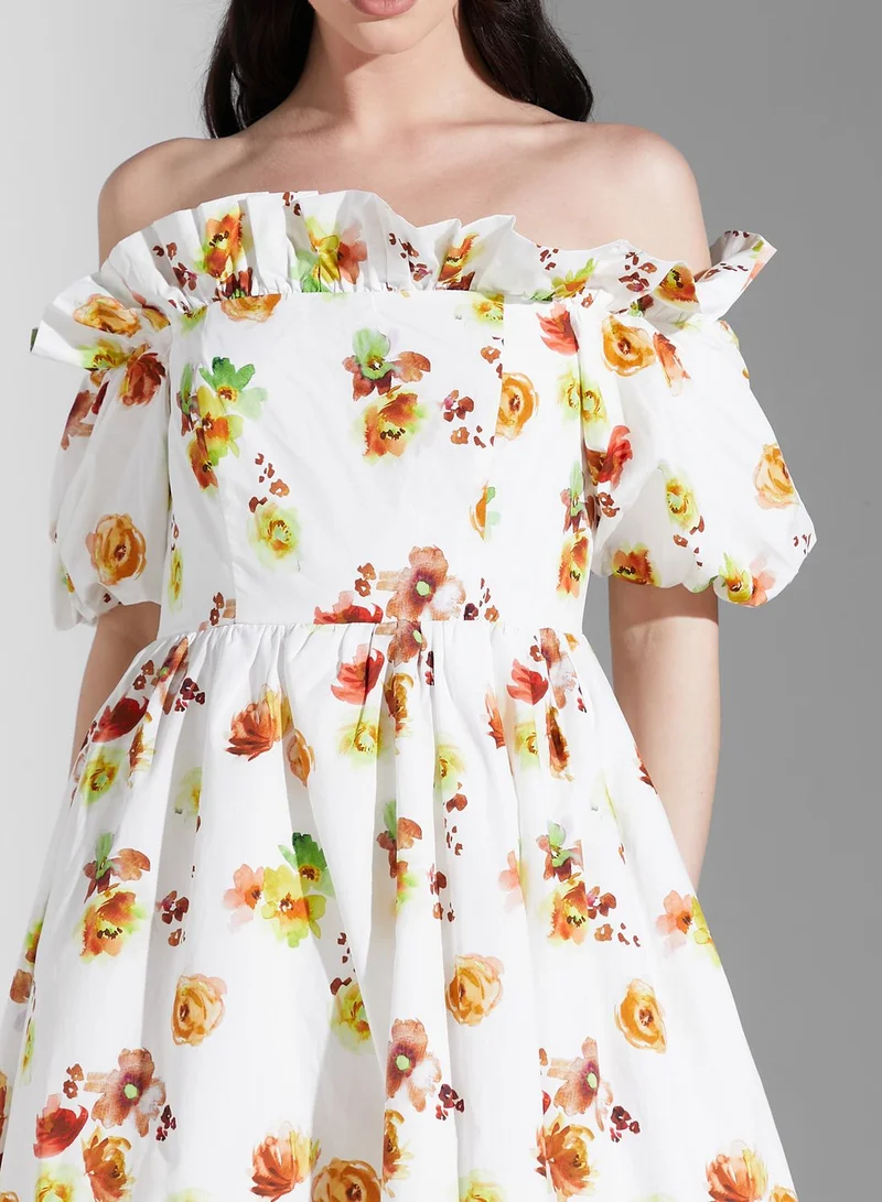 True Decadence Bardot Puff Sleeve Floral Printed Dress