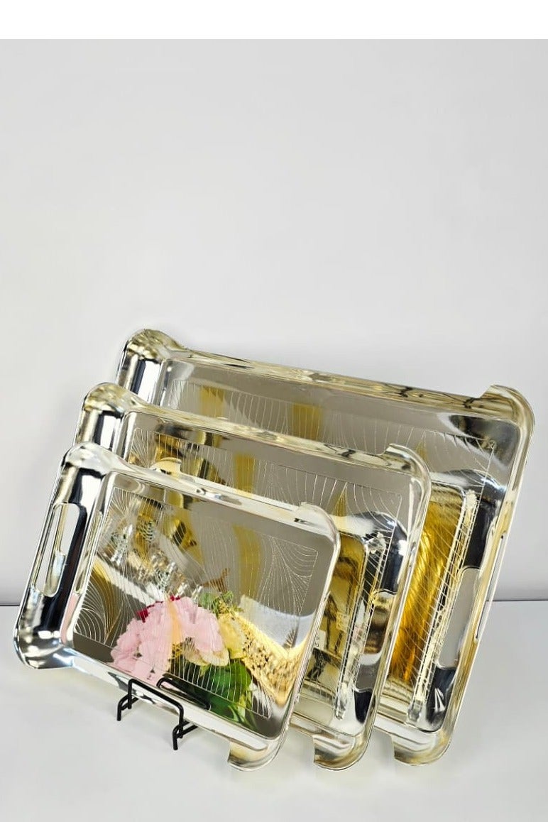 3Piece Stainless Steel Serving Tray Set With Handle Big 48x38 cm Medium 40x33 cm Small 33x26cm