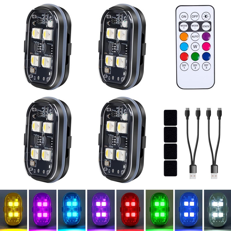 ترقية 4 المصابيح 4 قطع أضواء LED ستروب لاسلكية مع جهاز التحكم عن بعد 8 ألوان نوع C أضواء LED قابلة للشحن المضادة للتصادم ضوء تحذير للسيارة دراجة نارية دراجة بدون طيار الطائرات - Image 1