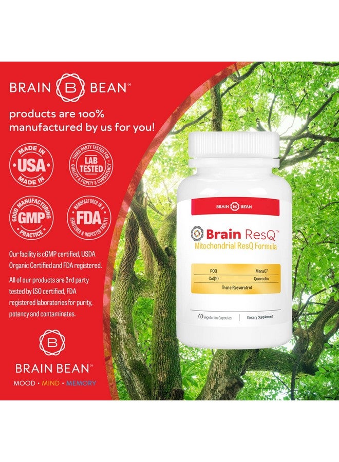 Brain-Bean Brain ResQ Advanced Mitochondrial Formula with PQQ, CoQ10, Trans Resveratrol, MenaQ7 & Quercetin Supplement - 100mg of CoQ10 & 15mg PQQ - Supports Brain, Heart & Cellular Health - 60 Capsules - Image 3