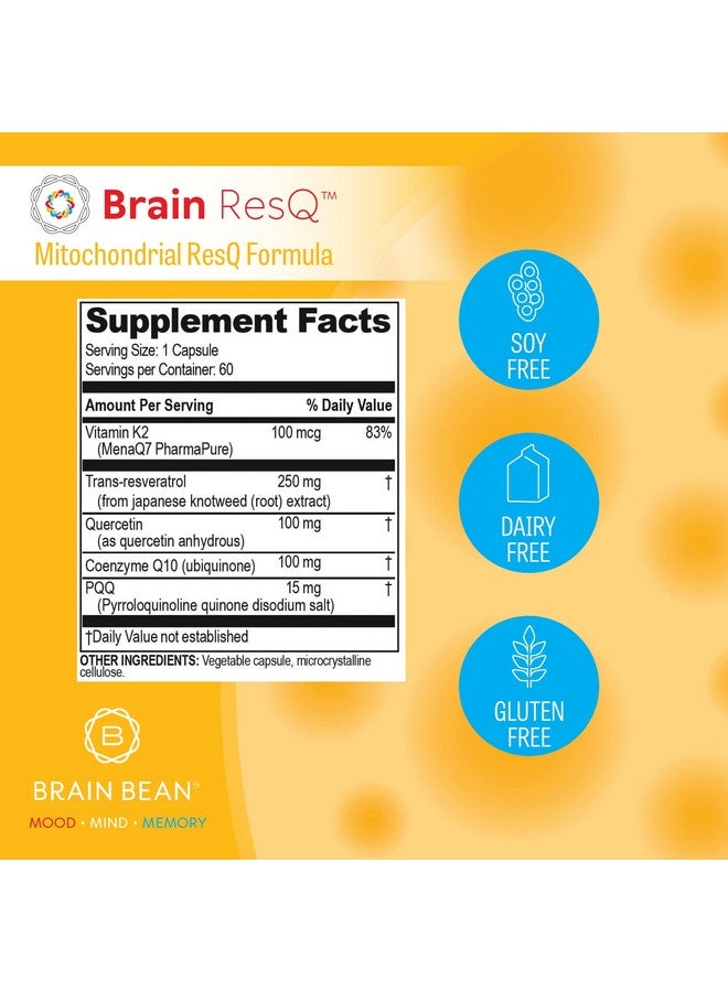 Brain-Bean Brain ResQ Advanced Mitochondrial Formula with PQQ, CoQ10, Trans Resveratrol, MenaQ7 & Quercetin Supplement - 100mg of CoQ10 & 15mg PQQ - Supports Brain, Heart & Cellular Health - 60 Capsules - Image 2
