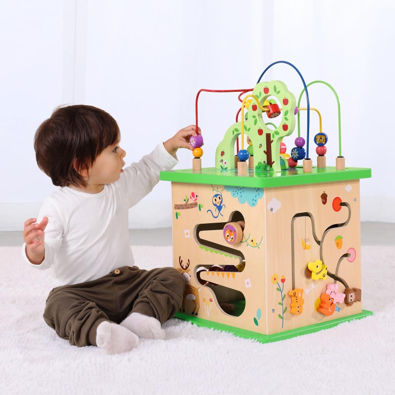 مركز أنشطة توكي لاند 5 في 1 مكعب لعب خشبي كبير 23X13X13 لعبة ألغاز تعليمية للأطفال مع أصدقاء الحيوانات والأشكال والمتاهات ومفرز الأشكال