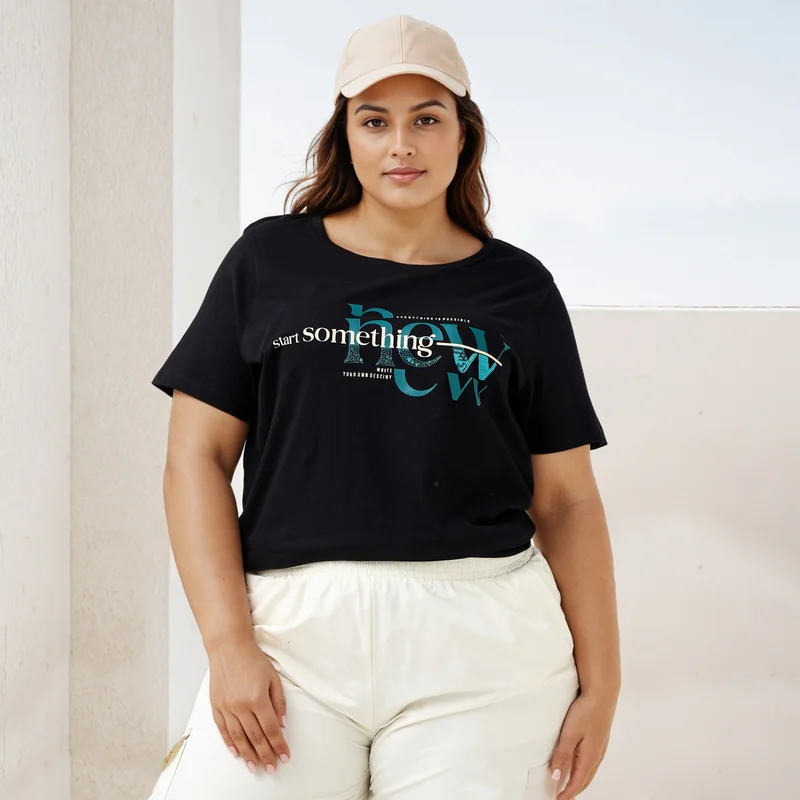  أولا بوبكن Plus Size Ulla Popken Slogan Print T-shirt