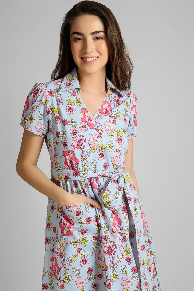 After Dark Wrap Dress, Blue Print