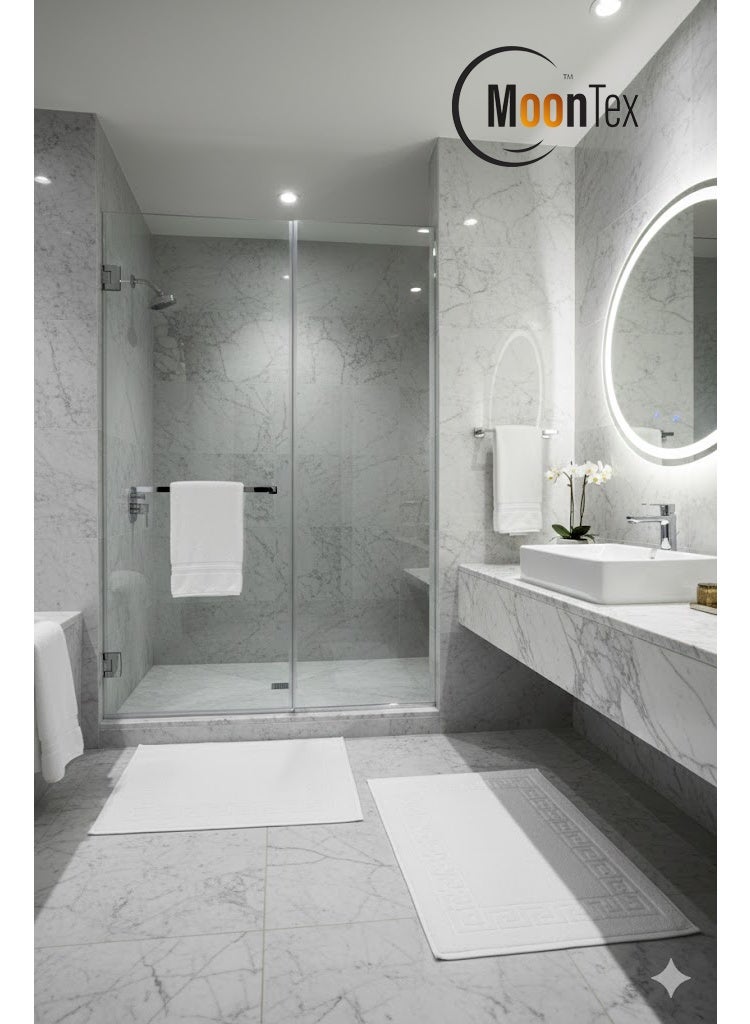 Pack of 2 White Cotton Bath Mats 50×70 cm – 100% Hotel Quality – Non-Slip Free (No Backing) – Elegant Pattern – Moontex - Image 1