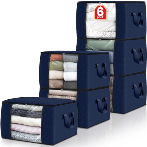 Fab totes Storage Bags,Clothes Blanket Storage Bins Foldable Closet Organizers with Reinforced Handle for Home Dorm Storage and Organization,Fabric Bags for Organizing Sheets,Clothing (Blue,6 Pack) - Image 1
