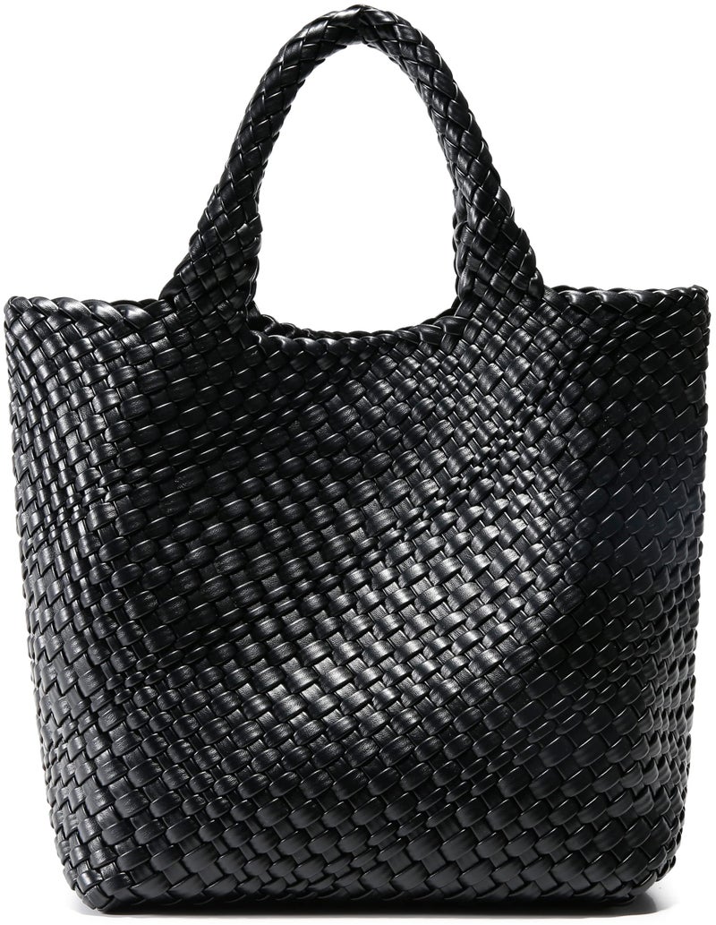 Queenoris Woven Bag for Women, Vegan Leather Tote Bag Large Summer Beach Travel Handbag and Purse Retro Handmade Shoulder Bag (Black) - Image 1