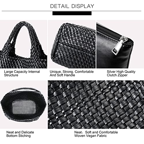 Queenoris Woven Bag for Women, Vegan Leather Tote Bag Large Summer Beach Travel Handbag and Purse Retro Handmade Shoulder Bag (Black) - Image 5