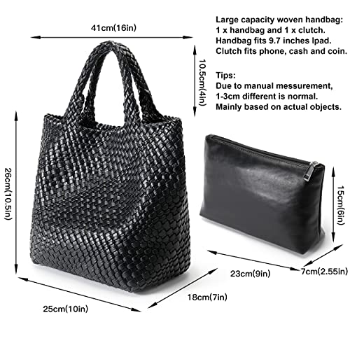 Queenoris Woven Bag for Women, Vegan Leather Tote Bag Large Summer Beach Travel Handbag and Purse Retro Handmade Shoulder Bag (Black) - Image 3
