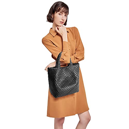 Queenoris Woven Bag for Women, Vegan Leather Tote Bag Large Summer Beach Travel Handbag and Purse Retro Handmade Shoulder Bag (Black) - Image 2