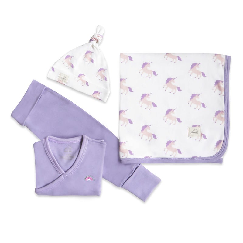 Masilo Masilo Organic Cotton Welcome Baby Bundle - Top/Pant/Top Knot Cap/Receiving Blanket/Unisex, 3-6 Months, Unicorn-Purple - Image 1