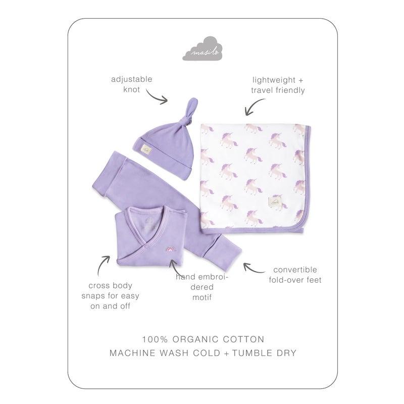 Masilo Masilo Organic Cotton Welcome Baby Bundle - Top/Pant/Top Knot Cap/Receiving Blanket/Unisex, 3-6 Months, Unicorn-Purple - Image 2