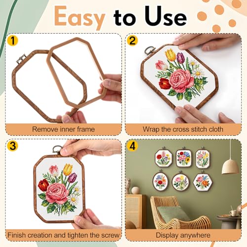 Qunclay 9 Pcs Large Embroidery Hoop Frame Decorative Imitated Wood Display Frame Circle Oval Octagonal Cross Stitch Hoop Ring for DIY Sewing Craft and Hanging Ornaments Decor (Mixed Shape) - Image 5